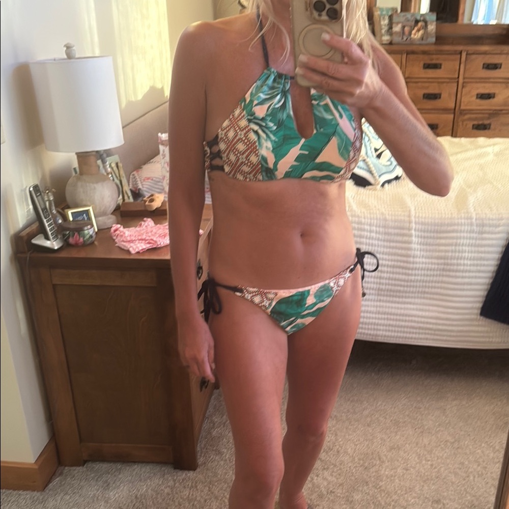 Sperry Teal and Cream Tropical Leaf Halter Bikini